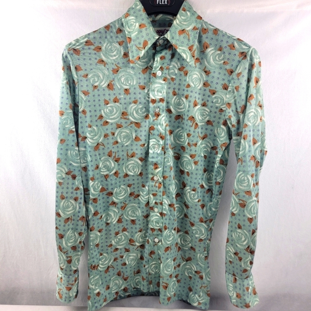 Vintage 70's collar button down Made in Korea Opus I nylon shirt Size Sm 14-14.5